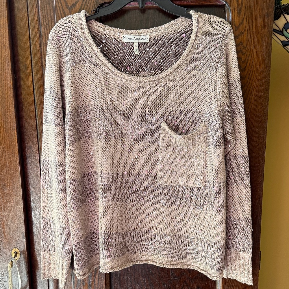 Nicole Alexander Striped Beige Sequin Long Sleeve Boat Neck Sweater